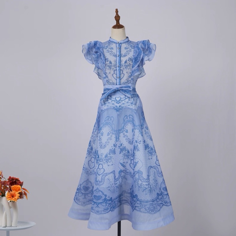 Designer-style Blue Floral Lace Blouse and Skirt Set